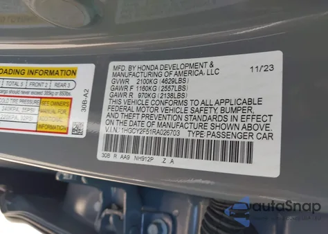 2024 Honda Accord Hybrid Sport из США, поврежденный, VIN 1HGCY2F51RA026703